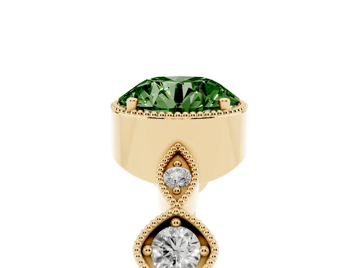Fancy Green Round Cut Diamond Vintage Milgrain Ring with Round Stations Yellow gold