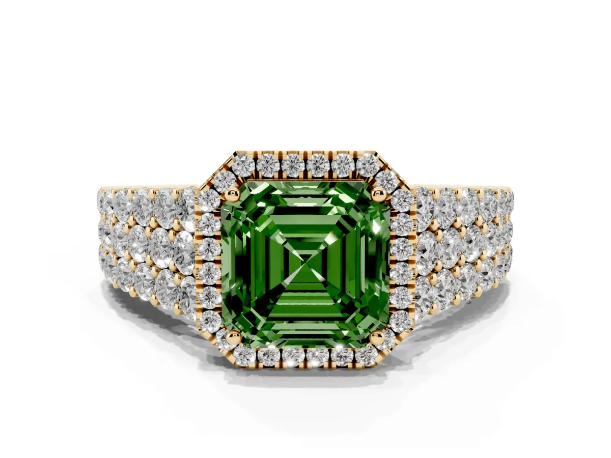 Fancy Green Asscher Cut Diamond Halo Engagement Ring with Triple Row Round Pavé Band and Prong Setting Yellow gold
