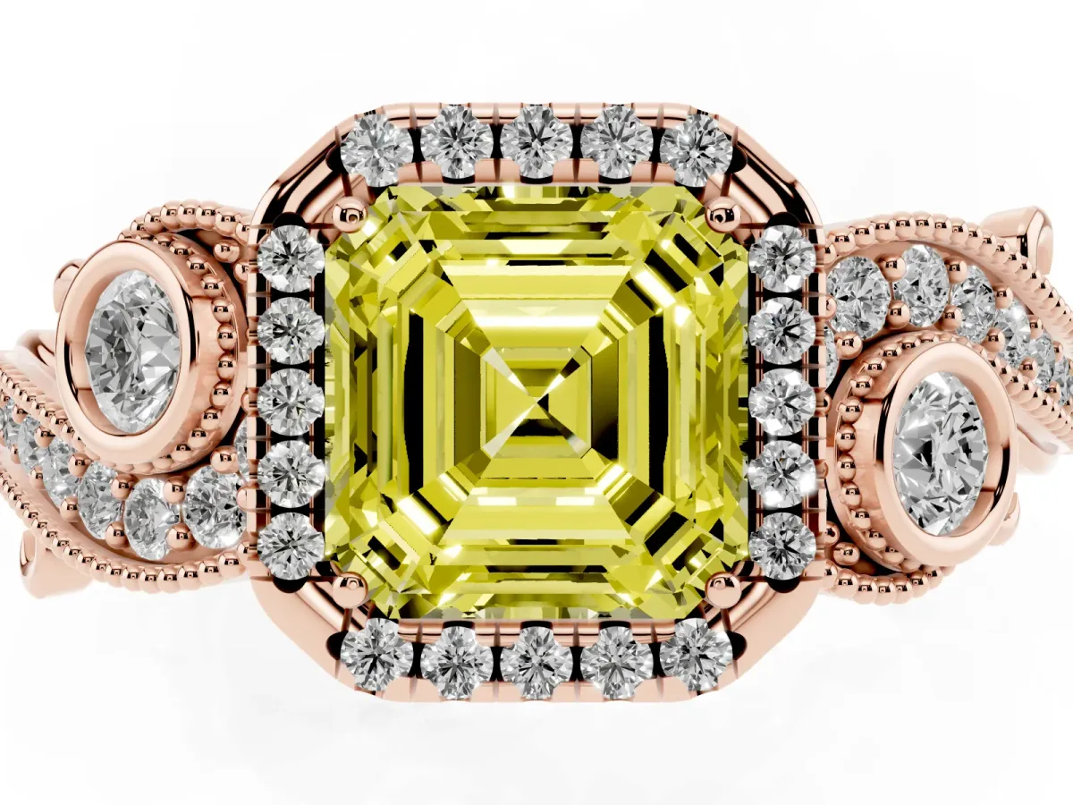 Fancy Yellow Asscher Cut Diamond Halo Ring with Milgrain Pavé Band and Four-Prong Setting Rose gold