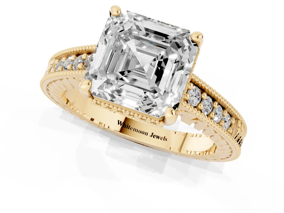 Asscher Cut Solitaire Pavé Diamond Milgrain Engagement Ring with Four-Prong Setting Yellow gold