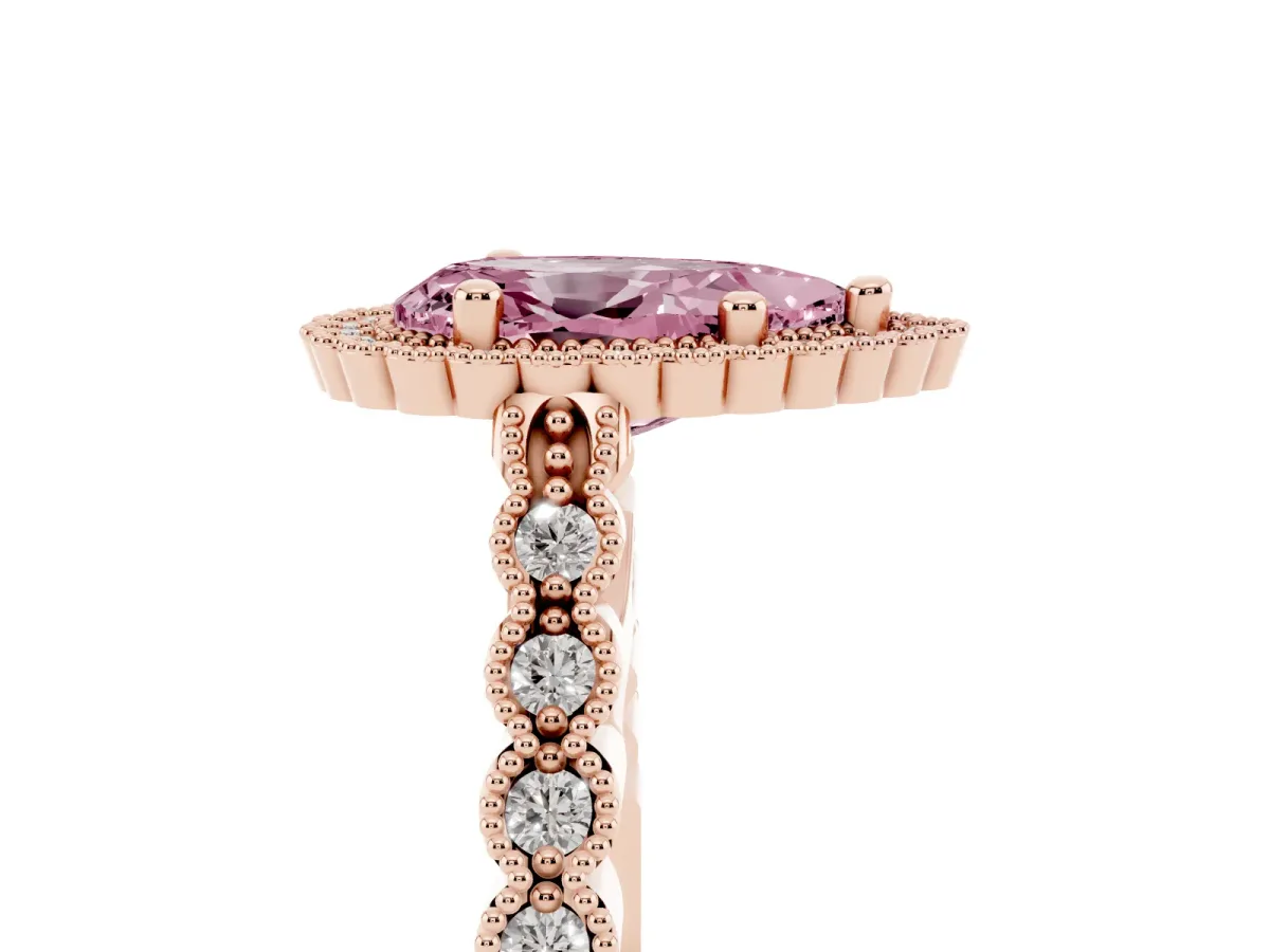 Fancy Pink Pear Cut Cut Halo Pavé Solitaire Ring with Milgrain Band Rose gold