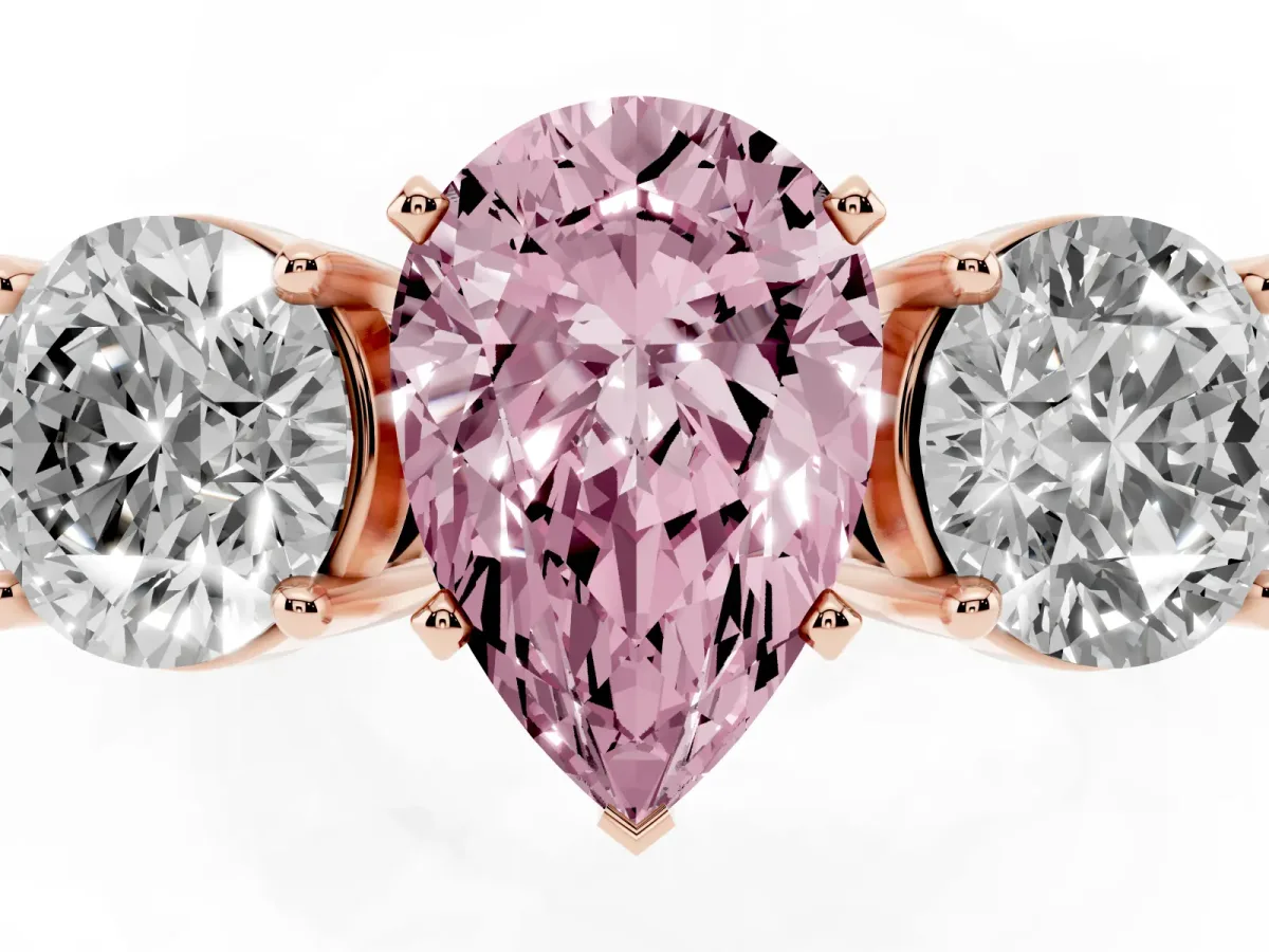 Fancy Pink Three-Stone Pear Cut Diamond Ring with Round Side Stones, Classic Band, and Four-Prong Setting Rose gold