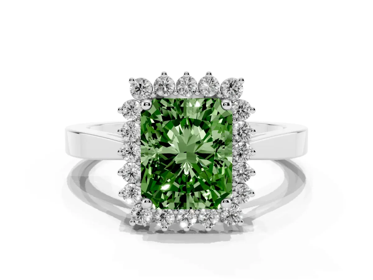 Fancy Green Radiant Cut Cut Diamond Halo Ring with Round Brilliant Halo and Solitaire Band Silver