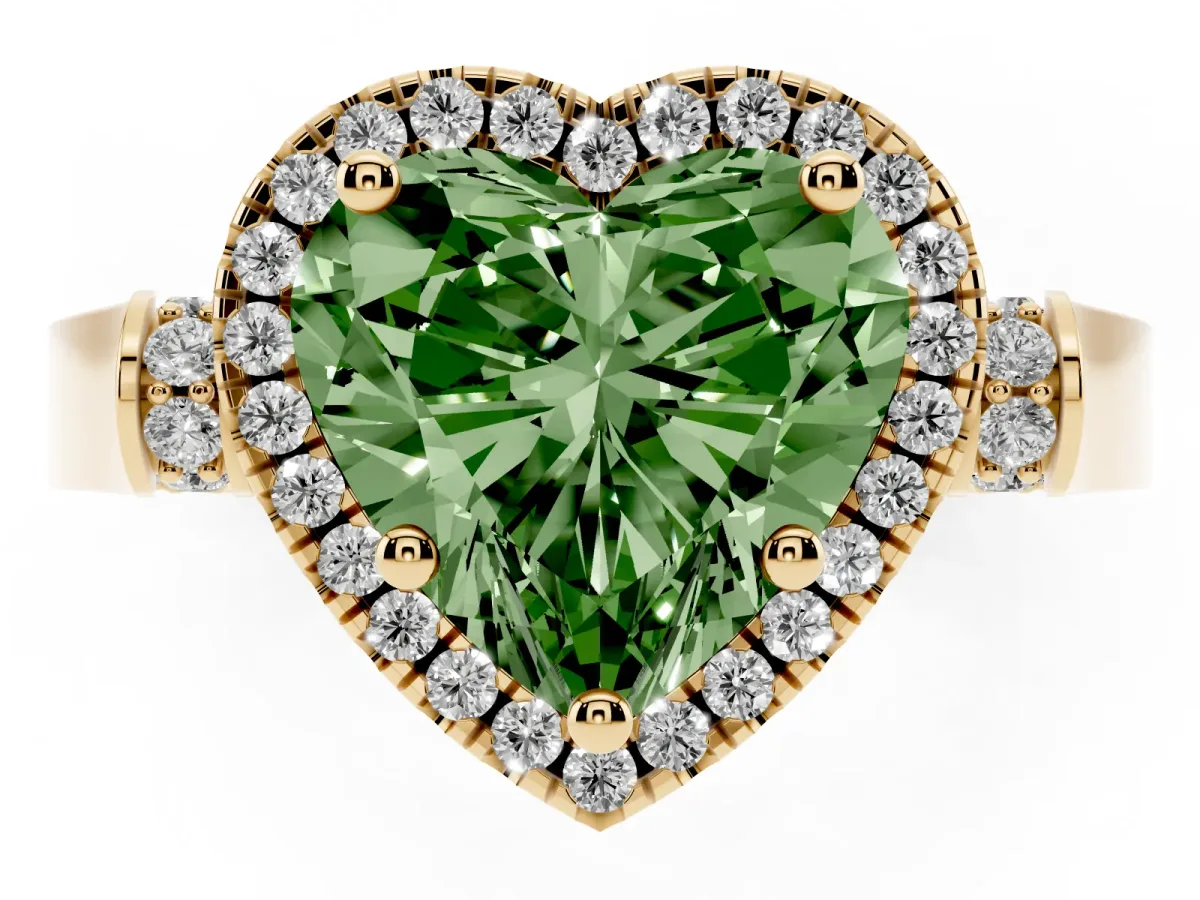 Fancy Green Heart Cut Halo Pave Split Shank Prong Setting Ring Yellow gold
