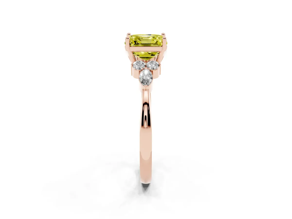 Fancy Yellow Asscher Cut Brilliant Diamond Solitaire Ring with Pear Side Stones and Four-Prong Setting Rose gold