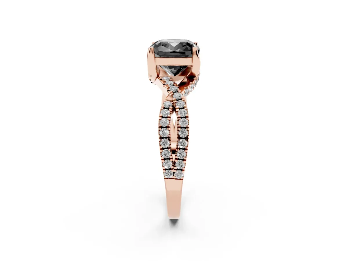 Fancy Black Cushion Cut Solitaire Twist Pave Diamond Engagement Ring with Prong Setting Rose gold