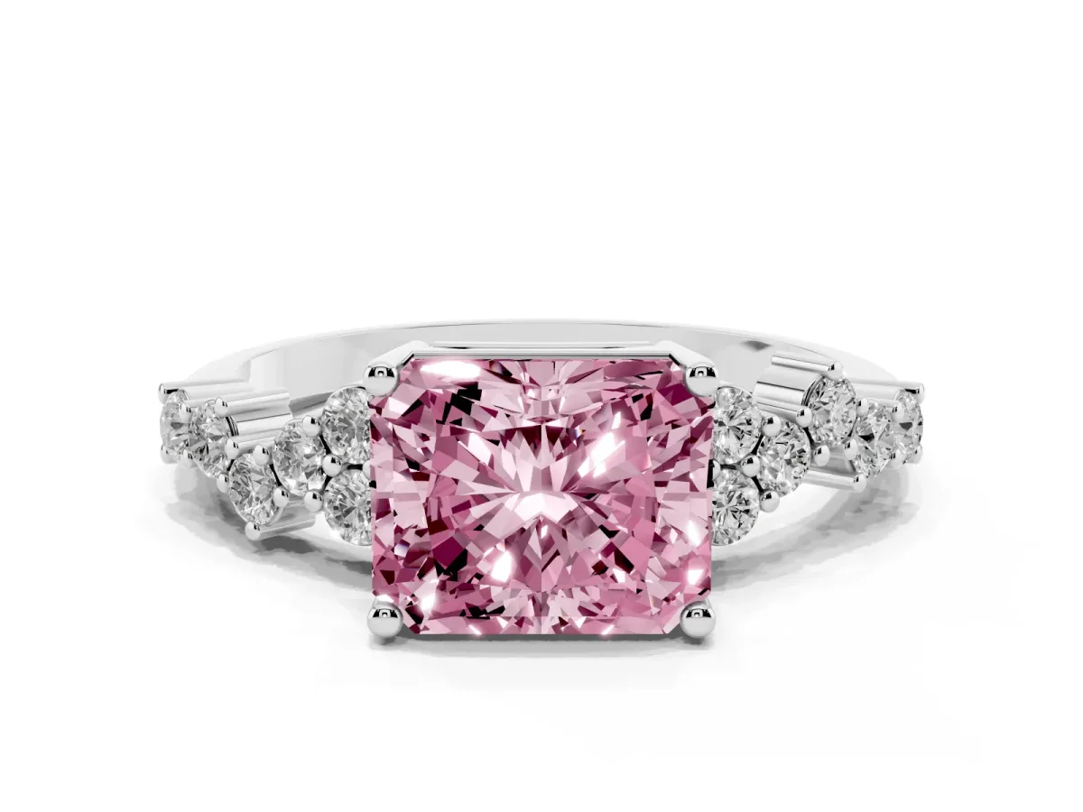 Fancy Pink Radiant Cut Diamond Scattered Round Accent Ring with Prong Setting White gold