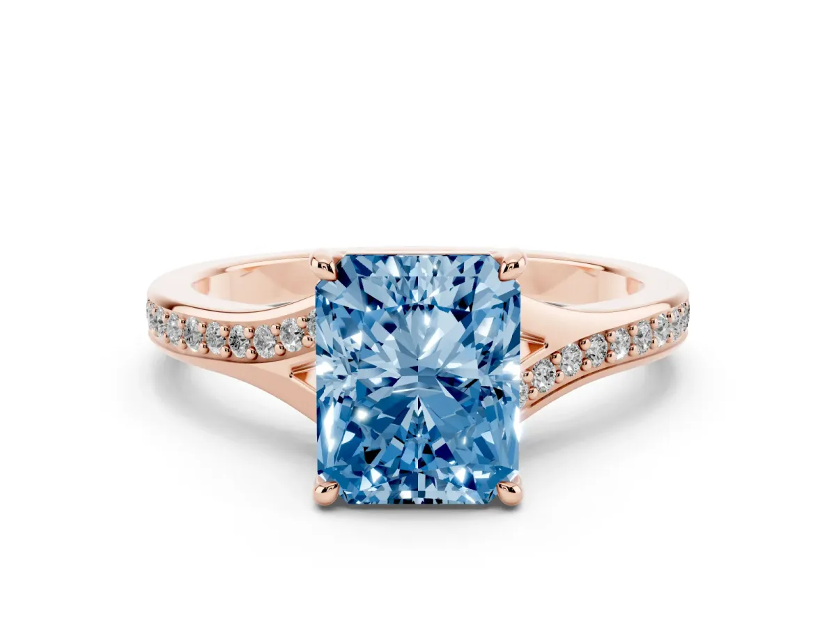 Fancy Blue Radiant Cut Diamond Solitaire Ring with Pavé Band and Prong Setting Rose gold