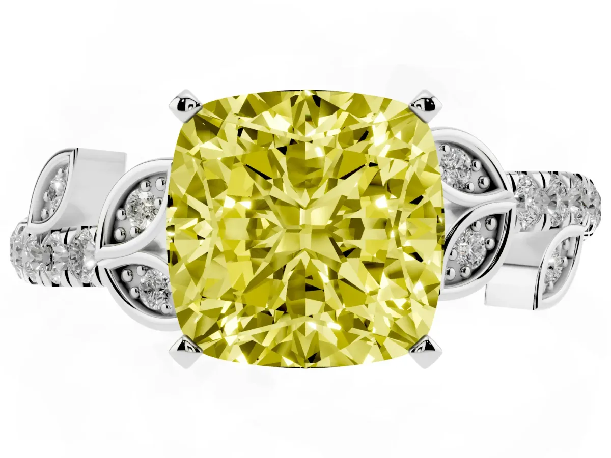 Fancy Yellow Cushion Cut Solitaire Leaf-Inspired Diamond Ring with Pavé Band and Four-Prong Setting Silver