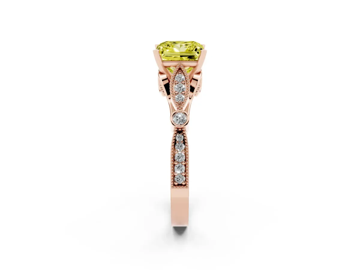 Fancy Yellow Princess Cut Cut Diamond with Milgrain Marquise and Bezel Accents on a Solitaire Band with Prong Setting Rose gold