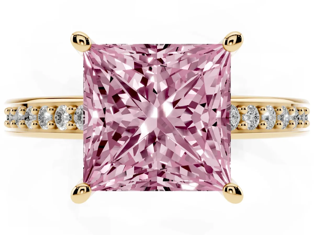 Fancy Pink Princess Cut Solitaire Pavé Band Prong Setting Ring Yellow gold