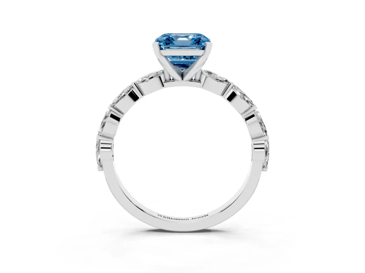 Fancy Blue Asscher Cut Diamond Ring with Marquise Side Stones and Prong Setting Silver