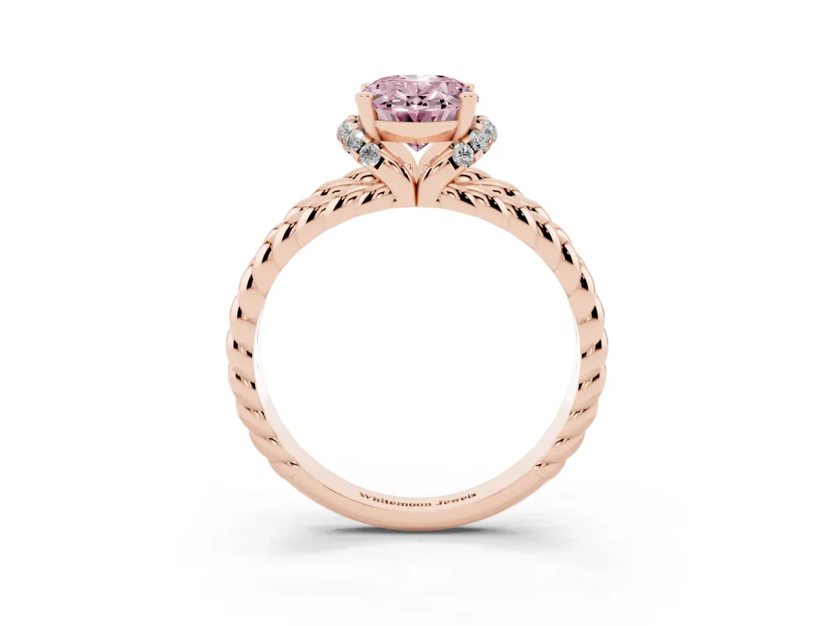Fancy Pink Oval Cut Halo Twisted Band Four-Prong Ring Rose gold