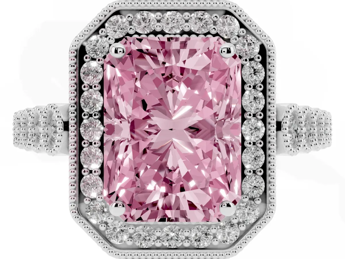 Fancy Pink Radiant Cut Halo Milgrain Solitaire with Bezel Set Side Stones and Pave Band Platinum
