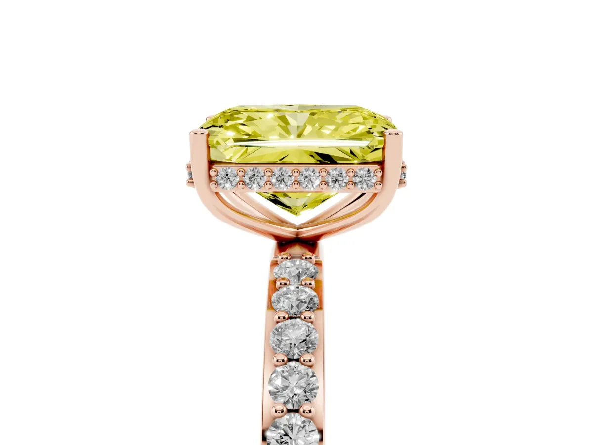 Fancy Yellow Radiant Cut Diamond Solitaire Ring with Pavé Band and Hidden Halo Rose gold