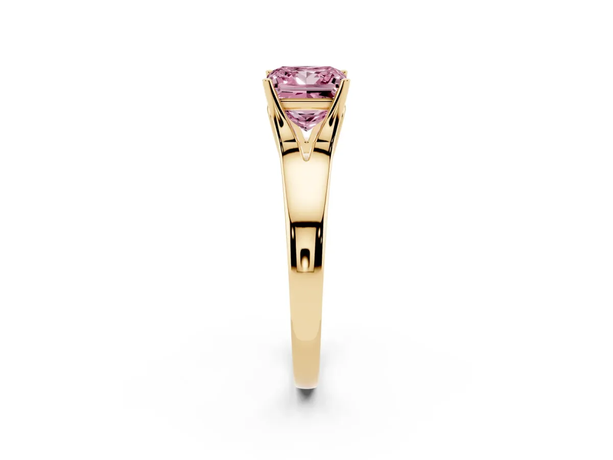 Fancy Pink Princess Cut Solitaire Diamond Ring with Cathedral Band and Four-Prong Setting Yellow gold