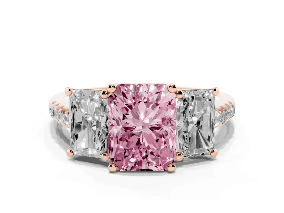 Fancy Pink Three-Stone Radiant Cut Diamond Ring with Round Pavé Band and Prong Setting Rose gold
