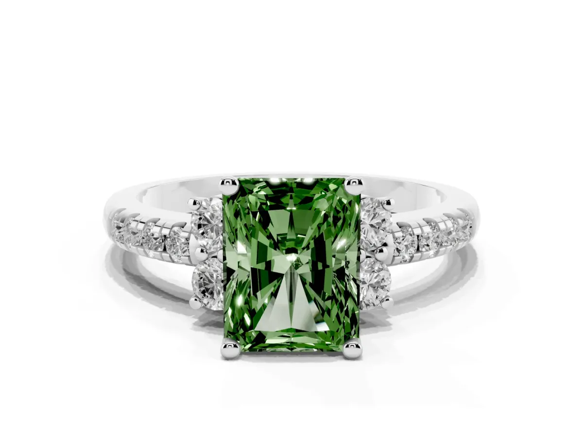 Fancy Green Radiant Cut Diamond Three-Stone Pave Band with Four-Prong Setting Silver