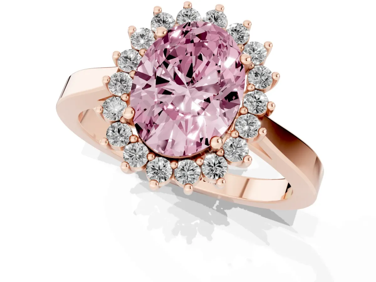 Fancy Pink Oval Cut Cut Diamond Halo Ring with Round Brilliant Halo and Solitaire Band Rose gold