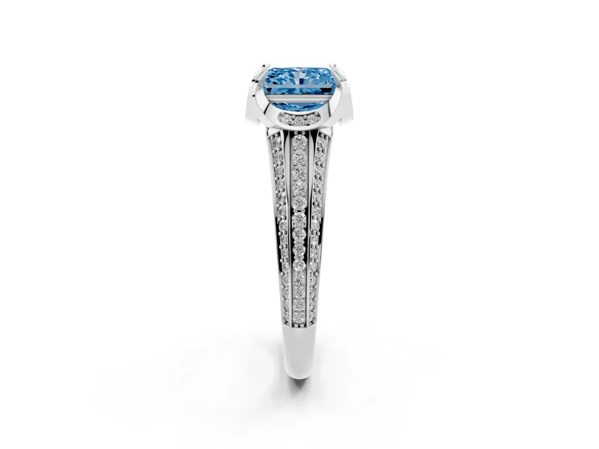 Fancy Blue Radiant Cut Solitaire Pave Split Shank Ring with Four-Prong Setting White gold