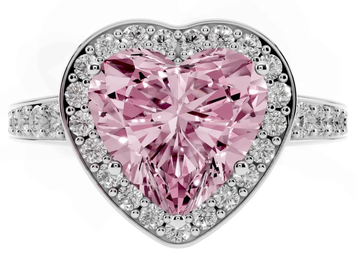Fancy Pink Heart Cut Halo Pavé Diamond Engagement Ring with Bezel Setting Silver