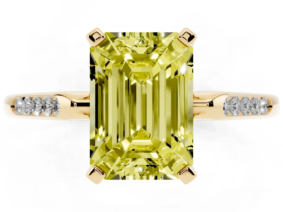 Fancy Yellow Emerald Cut Diamond Solitaire Ring with Channel Set Round Band and Prong Setting Yellow gold