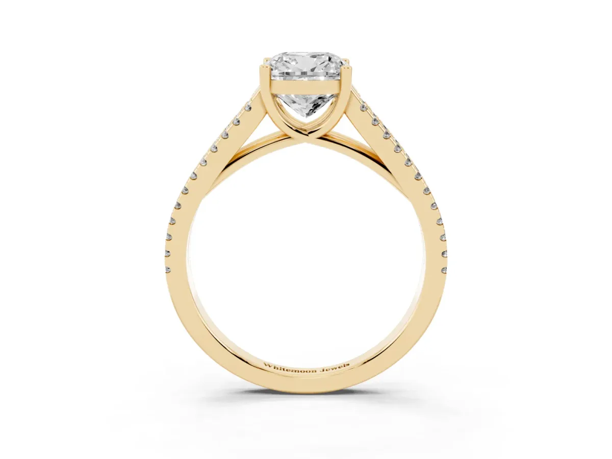 Cushion Cut Diamond Solitaire Engagement Ring with Split Shank Pavé Band Yellow gold