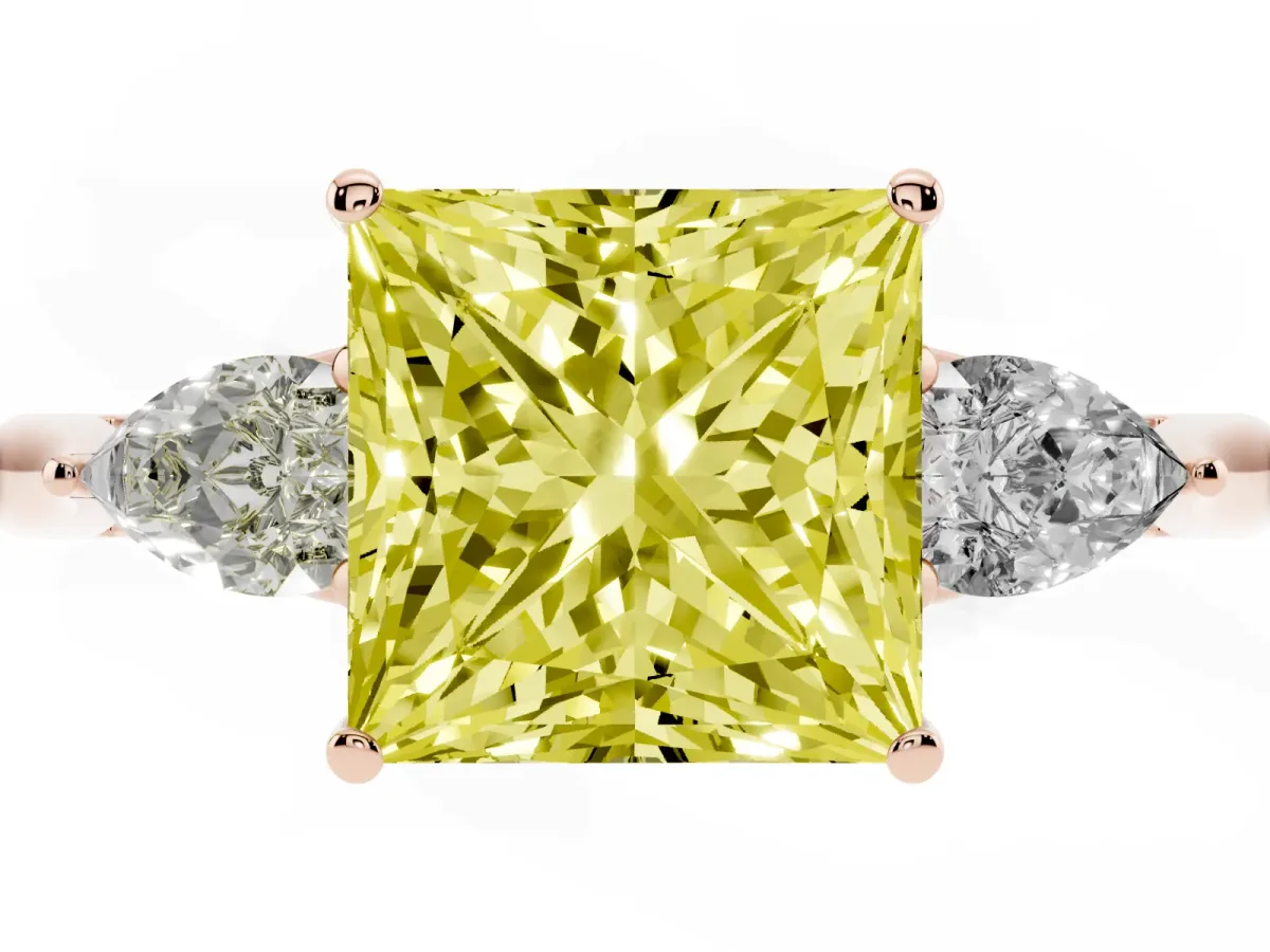 Fancy Yellow Three-Stone Princess Cut Brilliant Diamond Solitaire Ring with Tapered Band and Four-Prong Setting Rose gold