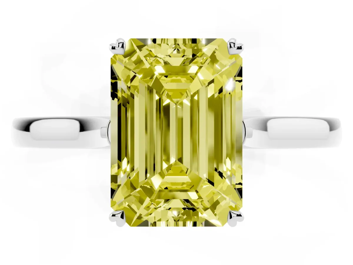 Fancy Yellow Emerald Cut Solitaire Heart Prong Engagement Ring with Tapered Band White gold
