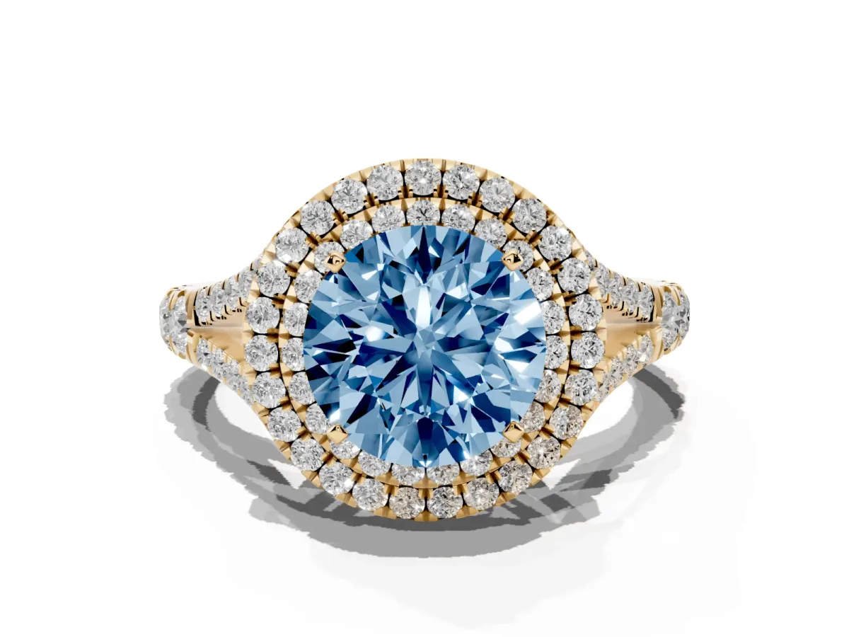 Fancy Blue Round Cut Cut Double Halo Split Shank Diamond Ring with Prong Setting Yellow gold