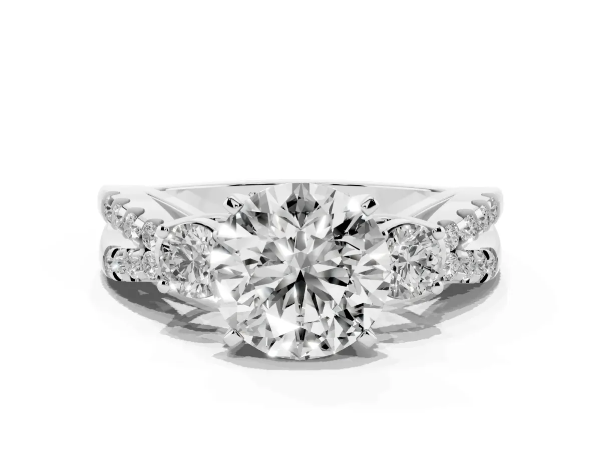 Round Cut Diamond Three-Stone Ring with Pavé Split Shank and Four-Prong Setting White gold