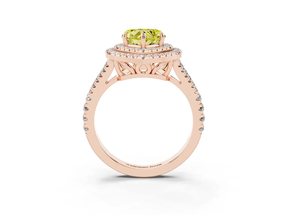 Fancy Yellow Heart Cut Diamond Double Halo Ring with Pavé Band and Prong Setting Rose gold