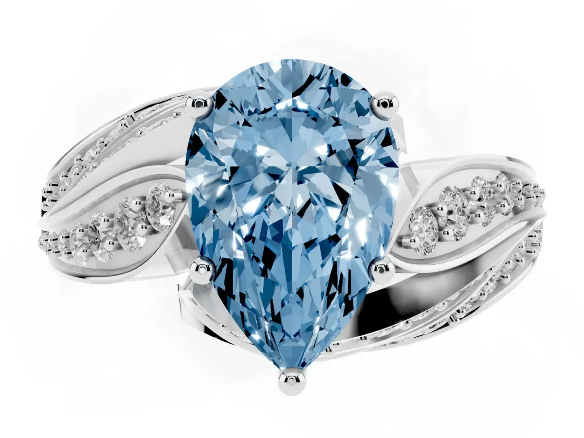 Fancy Blue Pear Cut Diamond Solitaire Ring with Prong Setting and Twisted Pavé Band Silver