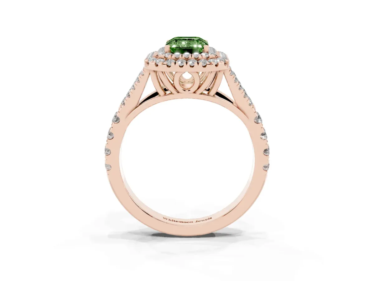 Fancy Green Emerald Cut Diamond Pavé Split Shank Double Halo Engagement Ring Rose gold