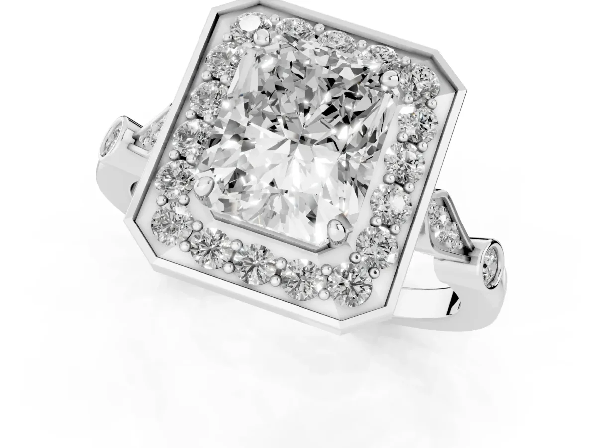 Radiant Cut Halo Diamond Engagement Ring with Twisted Band and Four-Prong Setting Platinum
