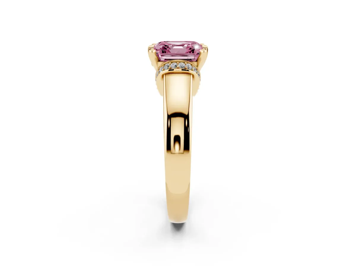 Fancy Pink Asscher Cut Solitaire Diamond Ring with Pave Band and Six-Prong Setting Yellow gold