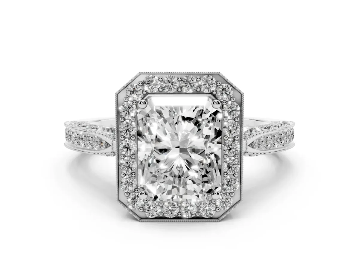 Radiant Cut Halo Diamond Engagement Ring with Split Shank Band and Four-Prong Setting Silver