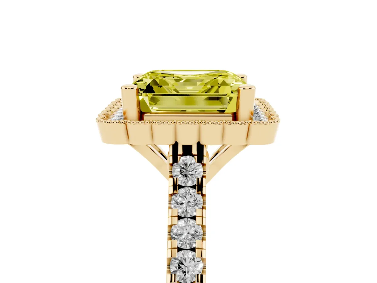 Fancy Yellow Asscher Cut Cut Diamond Milgrain Floral Halo Engagement Ring with Pavé Band Yellow gold