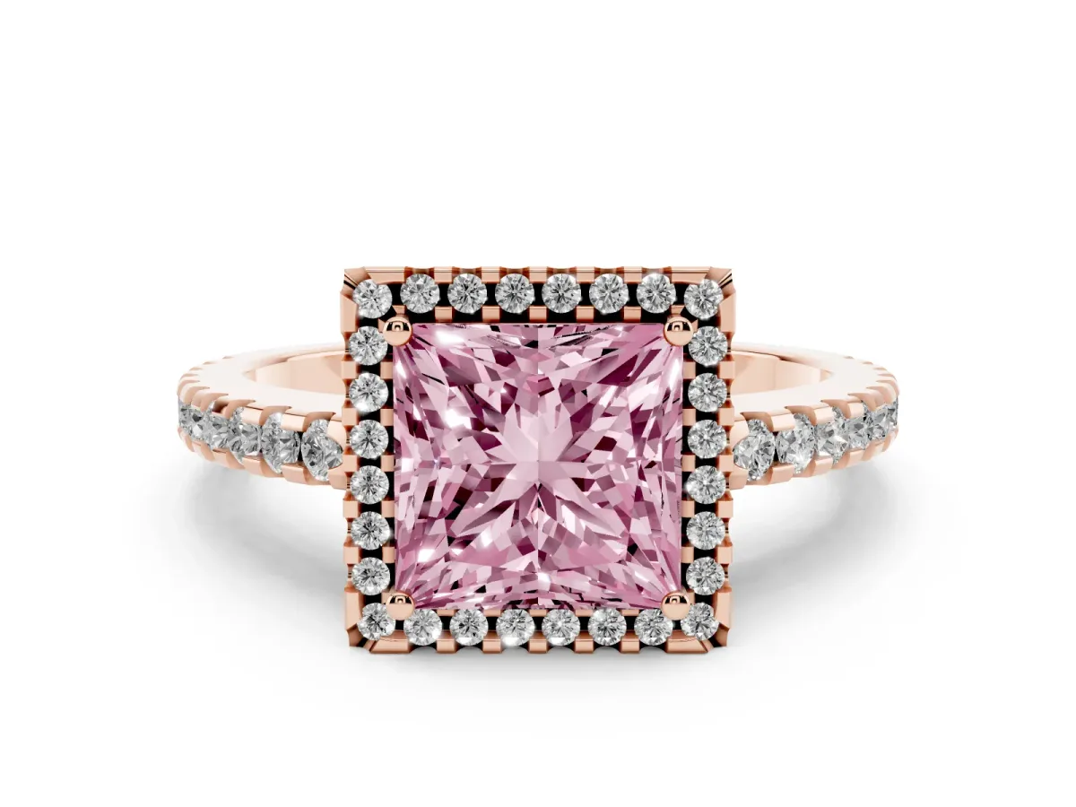 Fancy Pink Princess Cut Diamond Halo Engagement Ring with Pavé Band and Prong Setting Rose gold