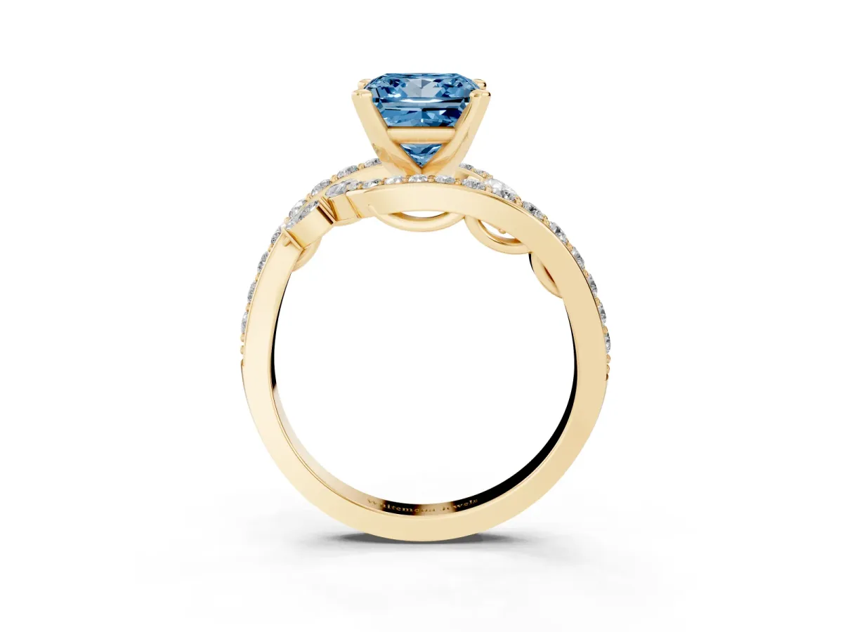Fancy Blue Princess Cut Solitaire with Pavé Twist Band and Four-Prong Setting Yellow gold