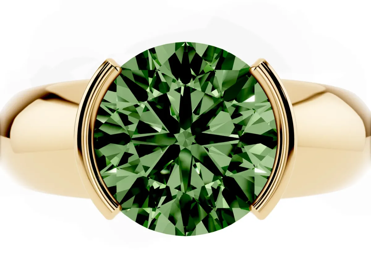 Fancy Green Round Cut Solitaire Tension Set Diamond Ring with Wide Band Yellow gold