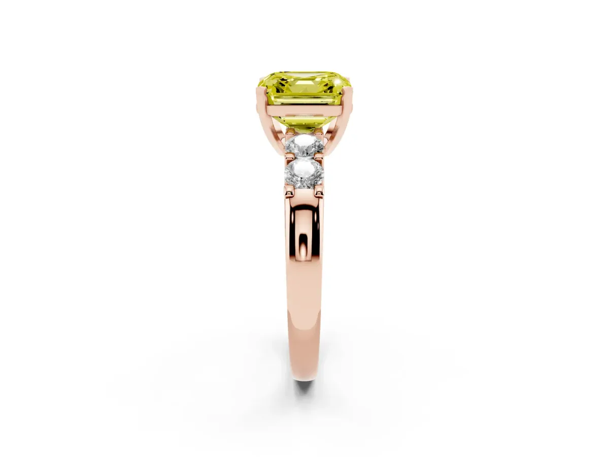 Fancy Yellow Asscher Cut Brilliant Cut Diamond Five-Stone Prong Set Engagement Ring with Channel Band Rose gold