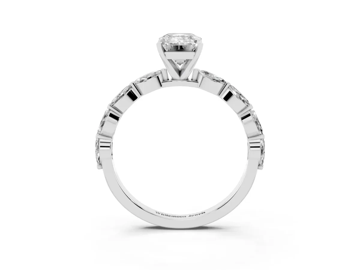 Emerald Cut Diamond Ring with Marquise Side Stones and Prong Setting Platinum