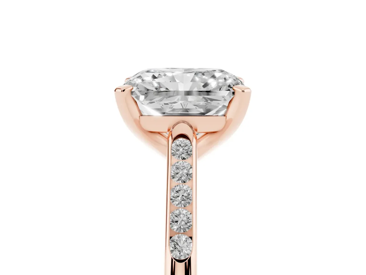 Radiant Cut Diamond Solitaire Ring with Channel Set Round Band and Prong Setting Rose gold