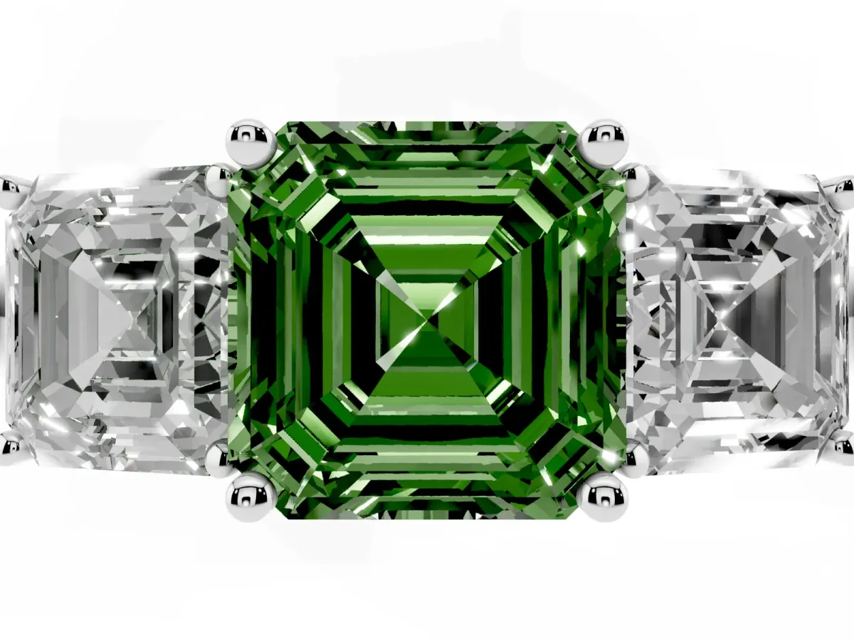 Fancy Green Three-Stone Asscher Cut Cut Diamond Engagement Ring with Prong Setting on a White Gold Band White gold