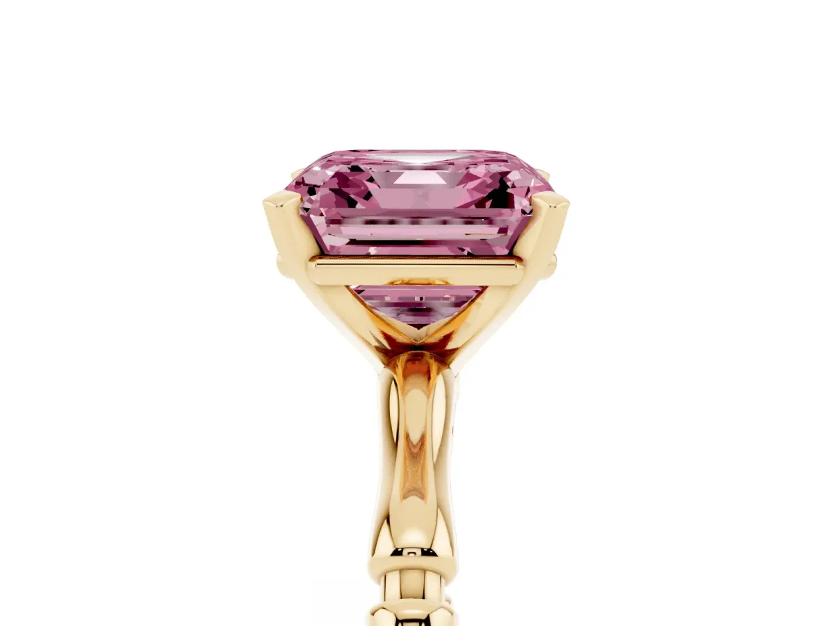 Fancy Pink Asscher Cut Solitaire Diamond Ring with Bamboo Band and Four-Prong Setting Yellow gold