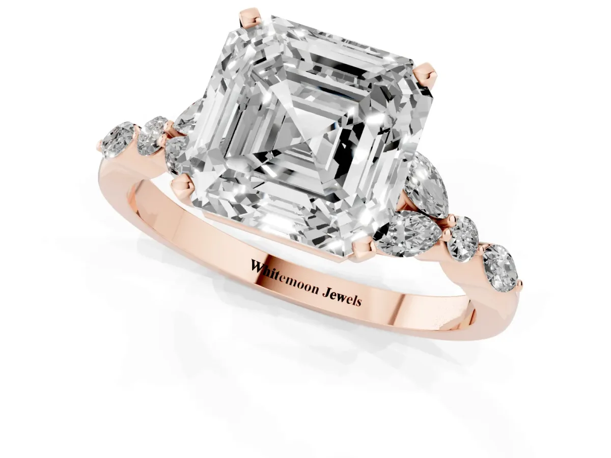 Asscher Cut Diamond Solitaire Ring with Side Stones and Four-Prong Setting Rose gold