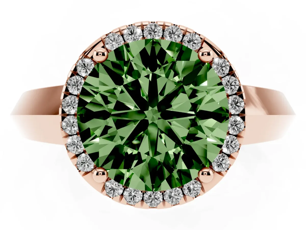 Fancy Green Round Cut Halo Diamond Ring with Cathedral Band and Four-Prong Setting Rose gold
