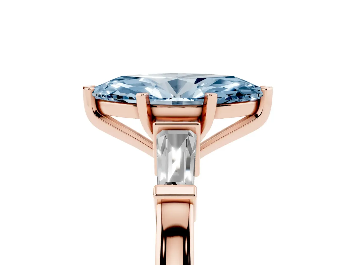 Fancy Blue Marquise Cut Cut Diamond Solitaire Ring with Tapered Baguette Accents and Four-Prong Setting Rose gold