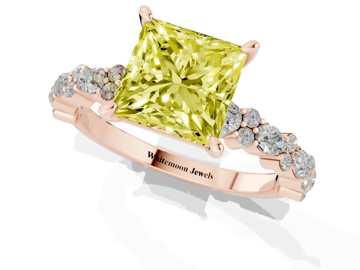 Fancy Yellow Princess Cut Diamond Side Stone Solitaire Ring with Round and Four-Prong Setting Rose gold